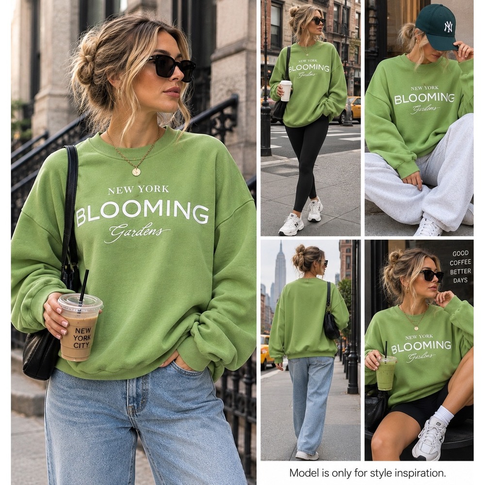 H&M Blooming Gardens Sweatshirt Womens M Green Graphic Crewneck Oversized Casual